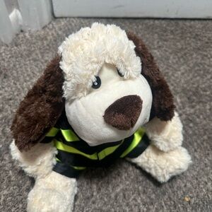 Plush Dog Toy in Cream & Brown with Reflective Yellow Stripes